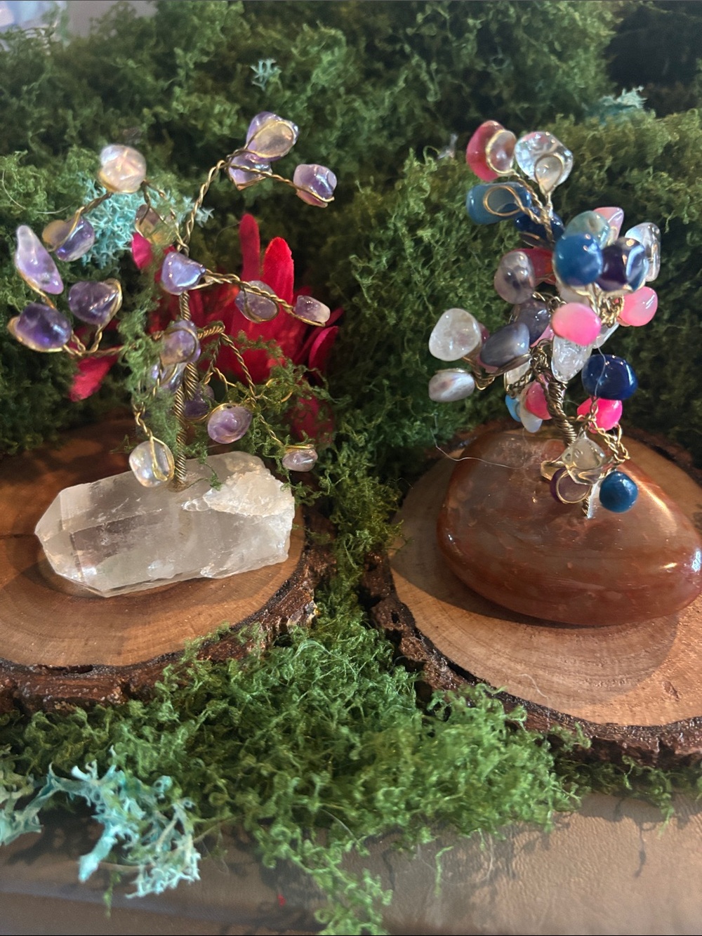 Handmade Gemstone Wire Tree Pair - Purple & Multicolor